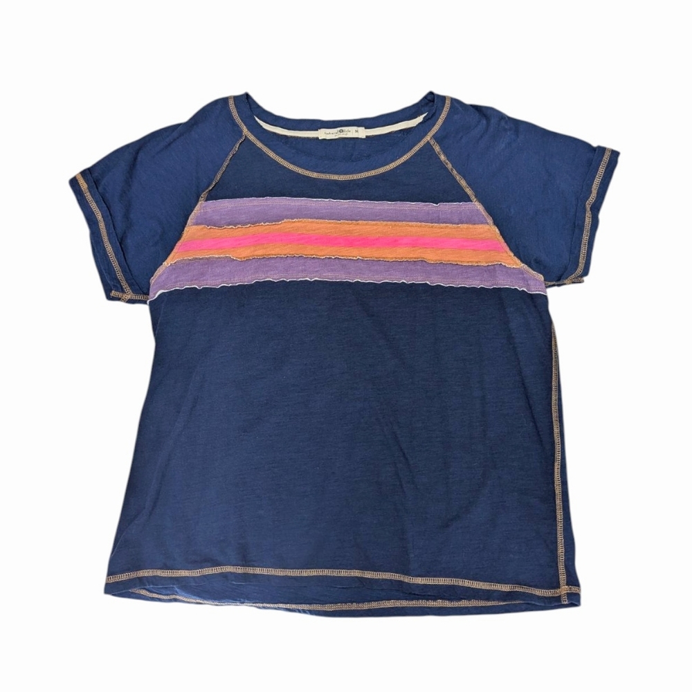 NATURAL LIFE Raw Edge Cotton Striped T-Shirt Sz M